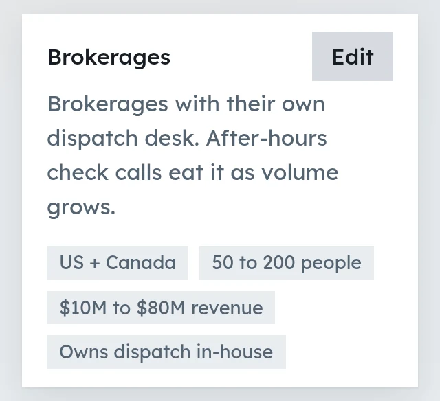 A market called Brokerages, defined in one sentence, with the filters read back underneath as chips: US and Canada, 50 to 200 people, $10M to $80M revenue, owns dispatch in-house.